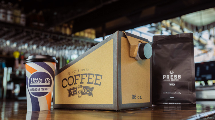 hot coffee and to-go coffee box
